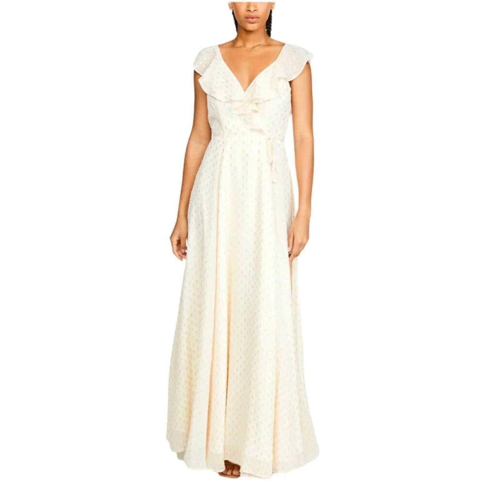 Yumi Kim Iris Ivory/Gold Swiss Dot Lurex Maxi Wrap Dress Ruffle Formal Size S